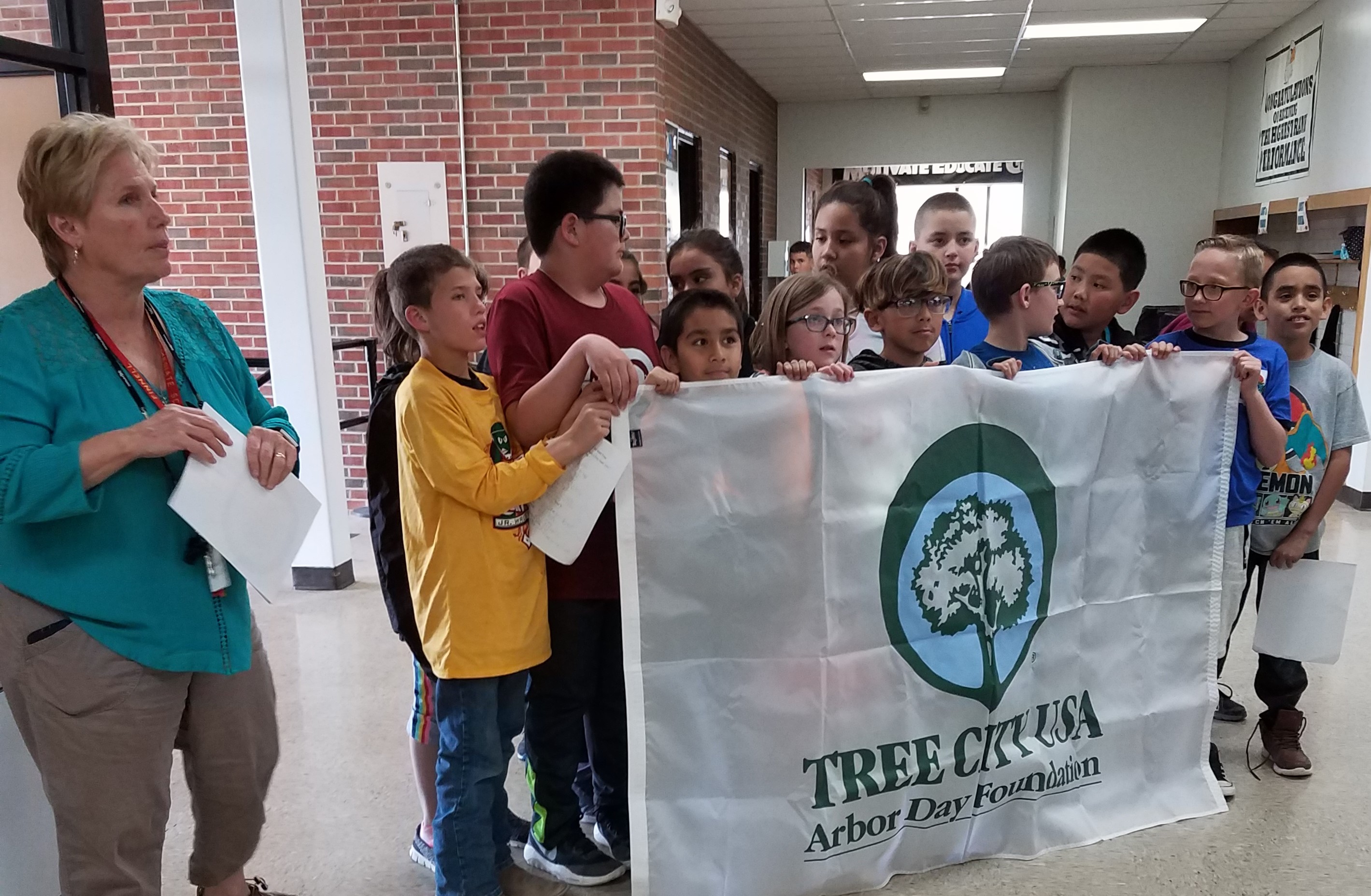 Jefferson Intermediate School in Rocky Ford with Arbor Day banner. 